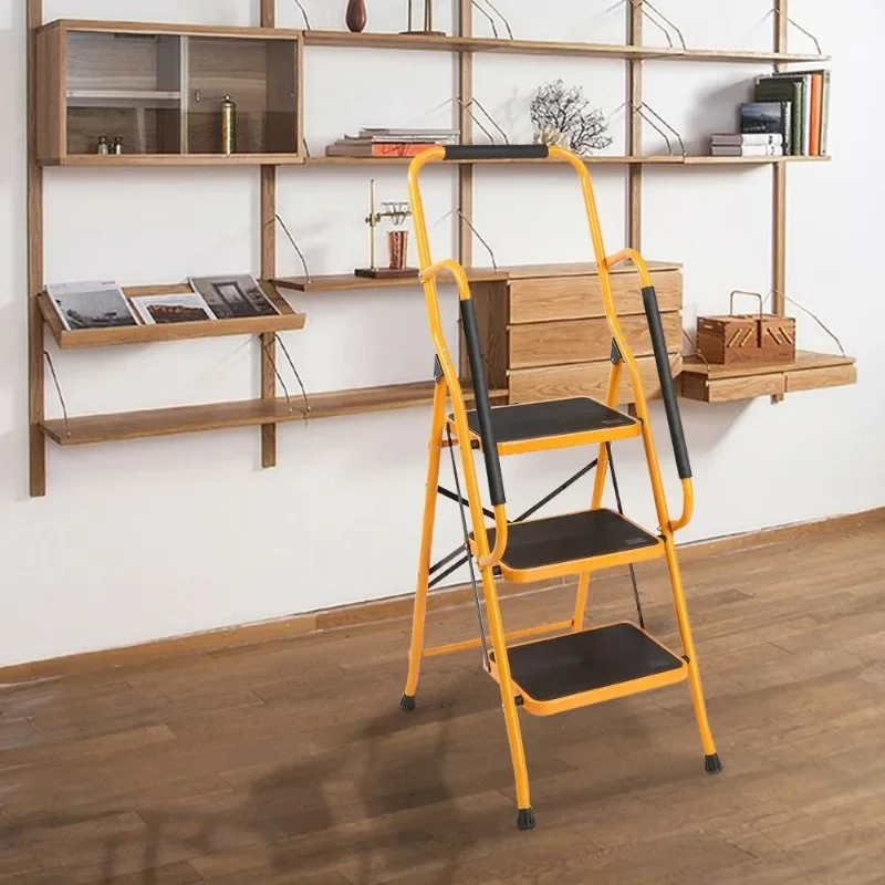 Premium 3-Step Folding Step Ladder – Heavy-Duty Iron 330lbs Capacity With Safety Lock Non-Slip Feet Handgrip For Home Office