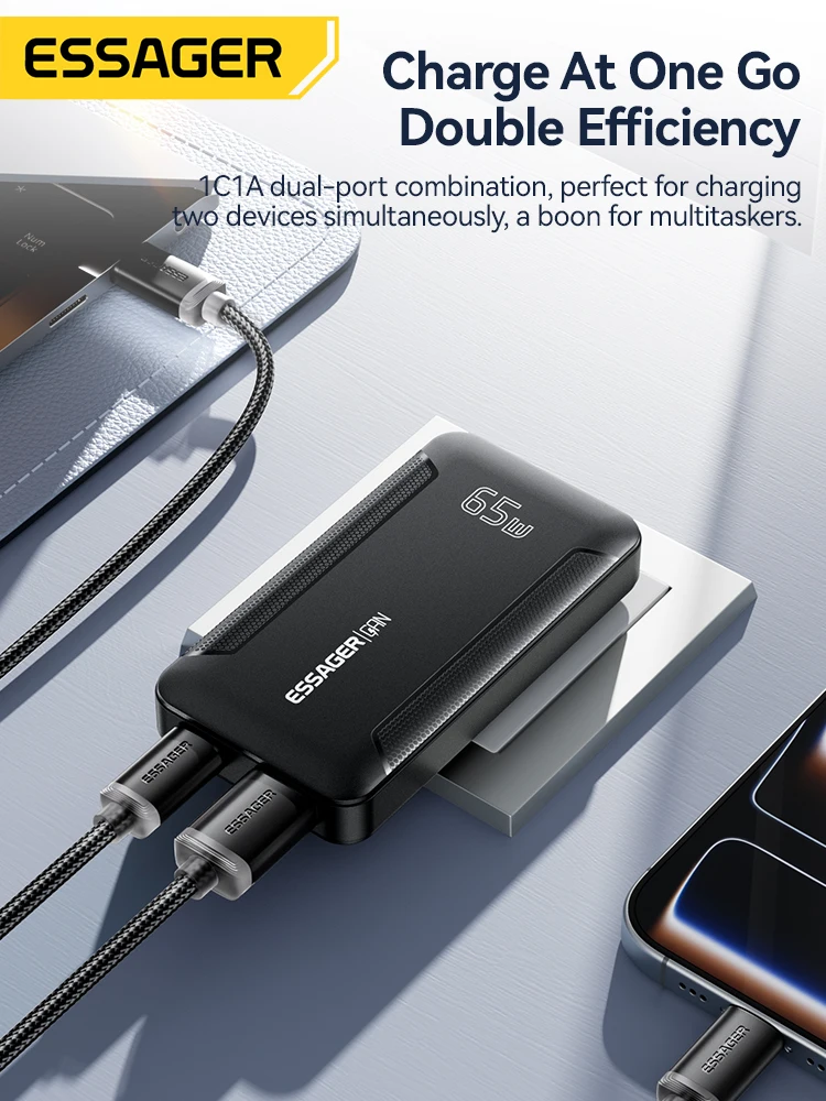 Essager Slim 65W GaN Ładowarka Podróżna USB A Typ C Przenośna Ładowarka Składana Szybka Ładowarka do iPhone 17 16 Samsung Macbook Laptop — zdjęcie produktu 6