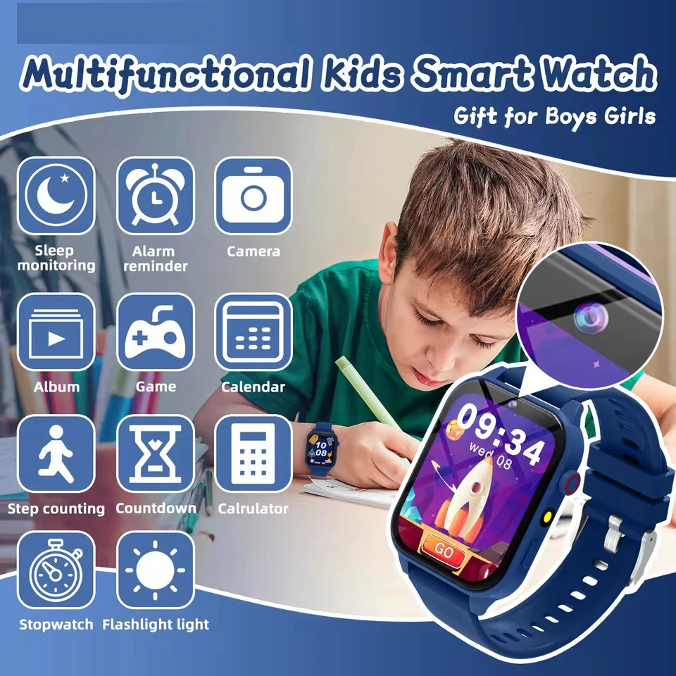 Reloj inteligente de estudio para niños, cámara HD, juegos, linterna, monitoreo del sueño, alarma, calculadora, regalo de cumpleaños para niños y niñas, pulseras para chico