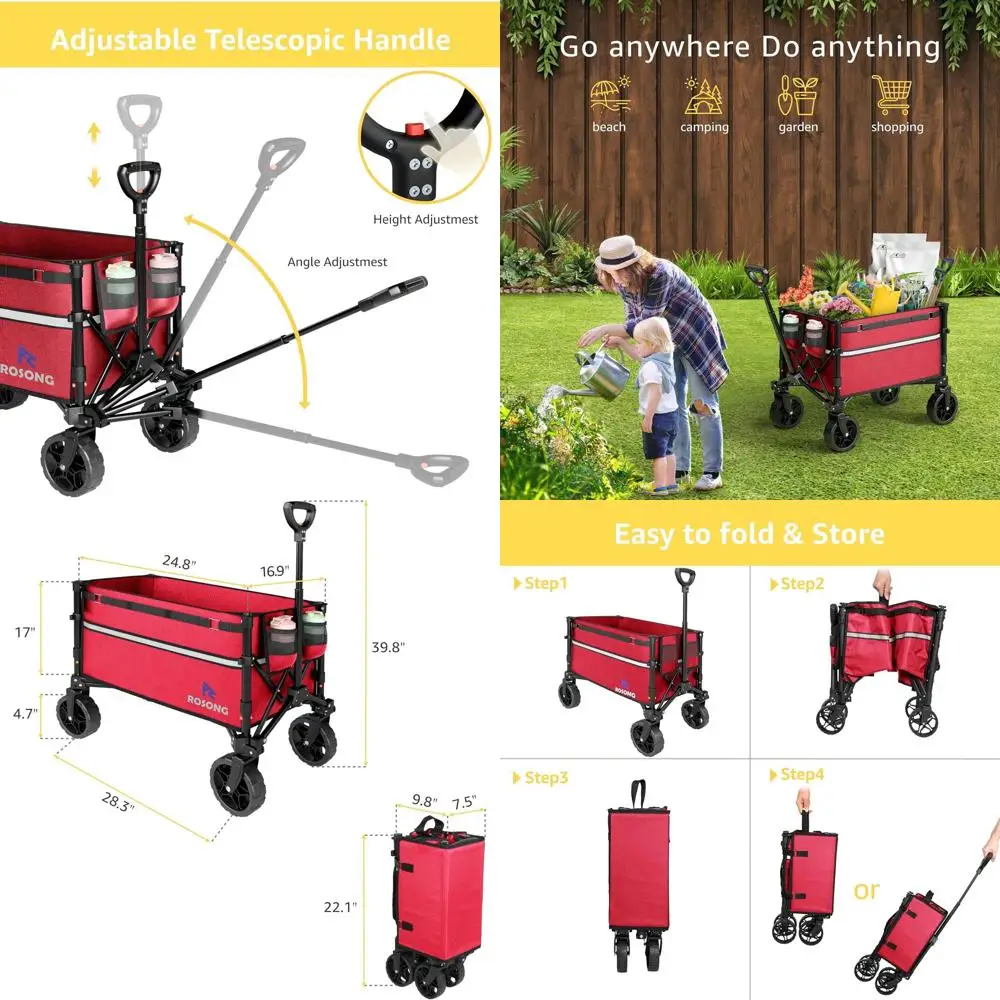 

Folding Heavy-Duty Utility Cart with Wheels for Outdoor and Grocery Hauling in Burgundy