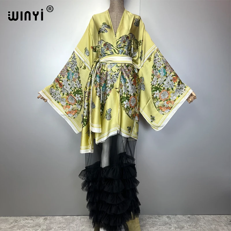 WINYI Catwalk Kimono Women Printed bubble hem coat Long Sleeve Cardigan abaya dubai luxury beachwear Cover Up boho dress Caftan