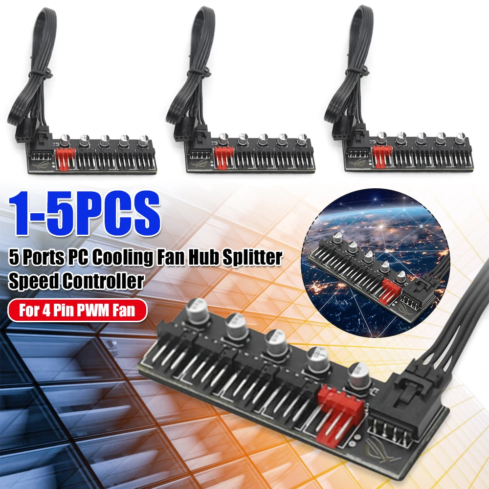 

5 Port PC Fan Hub Splitter Speed Controller Adapter for 4 Pin PWM Cooler Cooling Fan