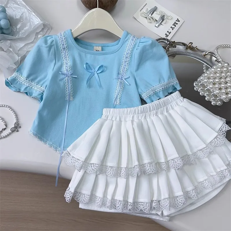 

TOY-2025Summer New GirlsTTrendy Lace Patchwork Short Sleeve Top and Cake Skirt Two-Piece Set