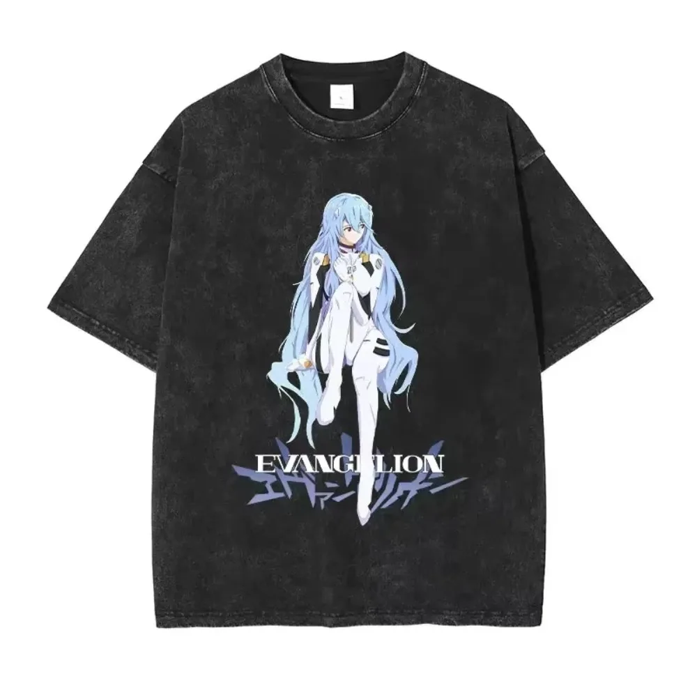 Oversized Men's T Shirts  Clothes EVA Anime Streetwear Brand Vintage Washed Women Short Sleeved Tee Casual Tops Summer Hiphop