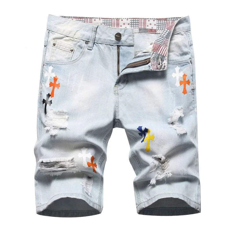 Men  Light Blue Jeans Shorts Holes Denim Shorts Good Quality Male Staight Knee Length Jeans Painted Street Wear Denim Shorts 42