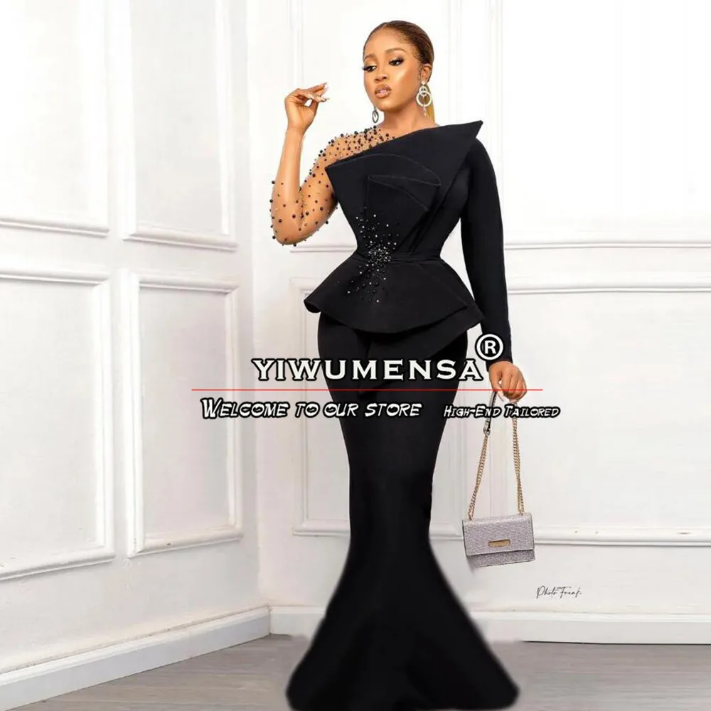 Black Mermaid Prom Dress Plus Size Women Evening Party Gowns Long Sleeves Pleated Female Clothing Vestidos De Ocasião Formal