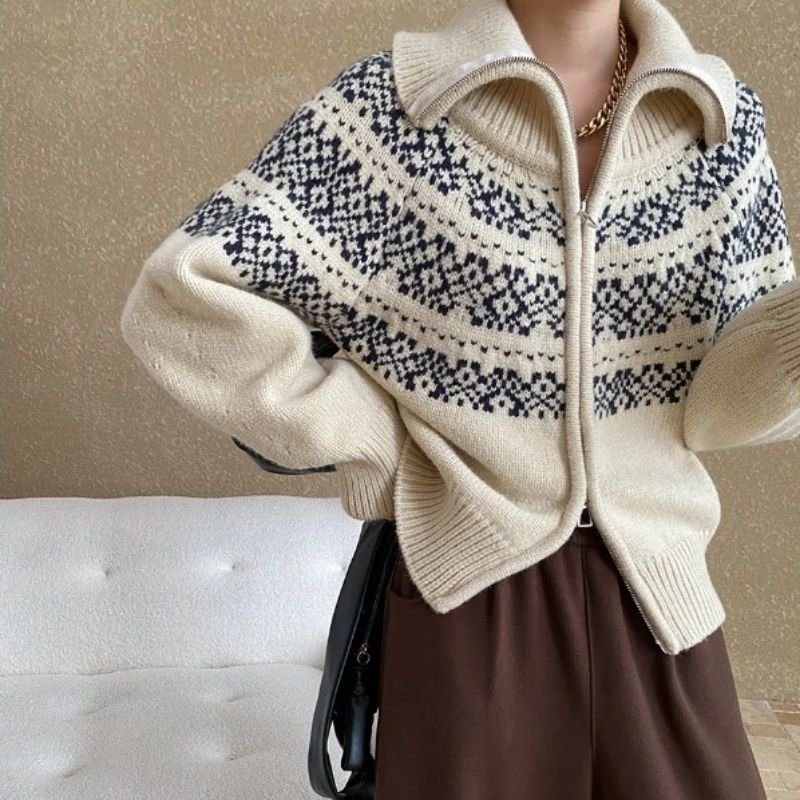 

Cardigan Women Sweaters Coats Zipper Jackets Turn Down Collar Jumpers Y2k Streetwear Elegant Knit Open Stith Autumn Winter 2025