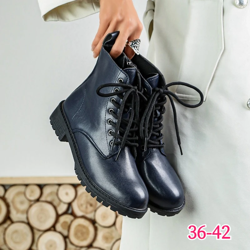 Botas de tobillo a la moda para mujer, zapatos militares de cuero PU azul marino con cordones, calzado informal para mujer, botas para mujer