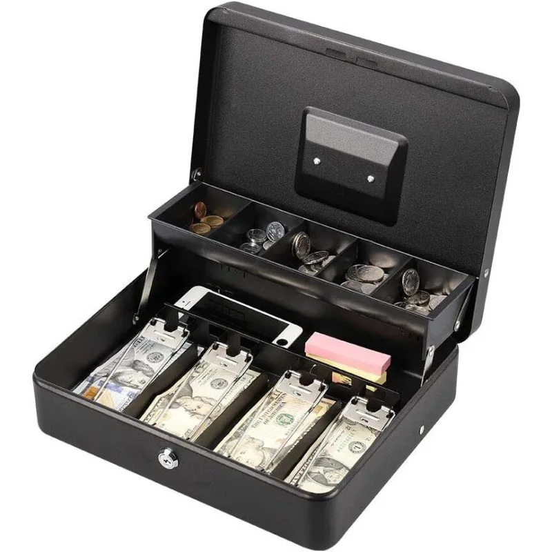 Cash Box with Lock Metal Money Box with Cash Tray, Portable Lock Safe Box, Large Cash Boxes with Money Tray for Small Business