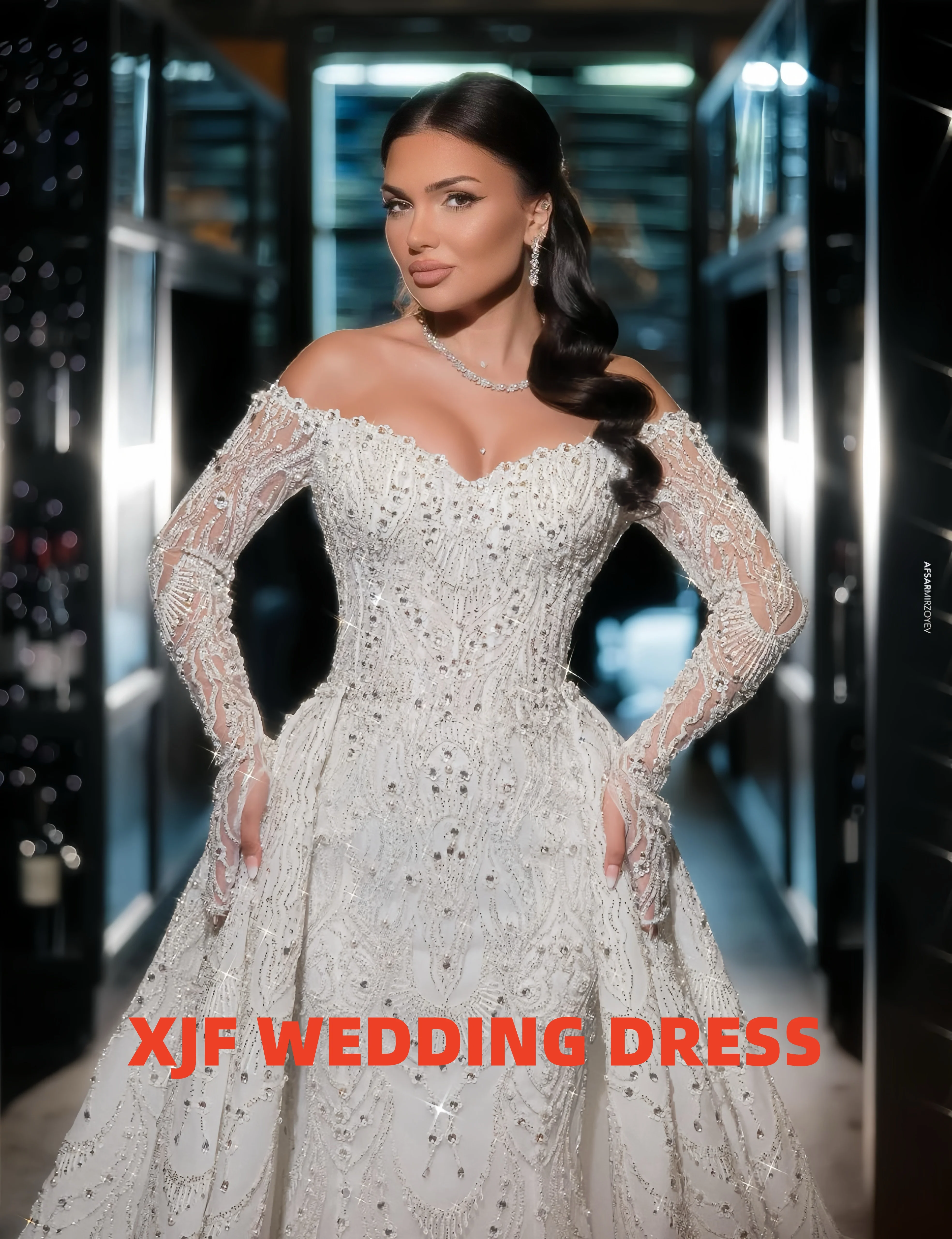 Dulce cuello de manga larga sirena cola desmontable amanda novias vestidos de novia amanda novias vestido de novia personalizado