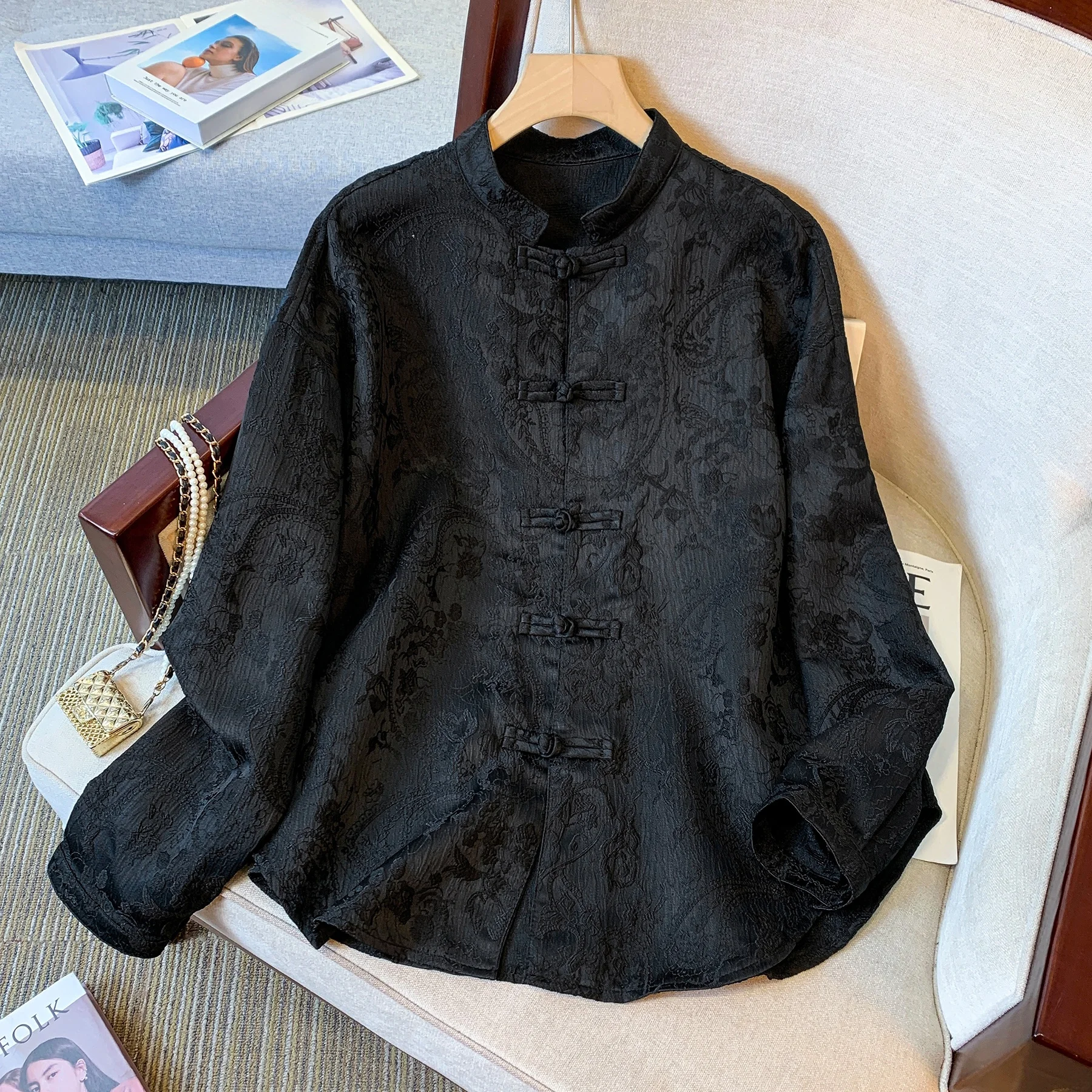 

Red Long Sve irt Button up Vintage Chinese Sle Loose Fit Streetwear Spring Faion Ladies' Premium irt Pure Color