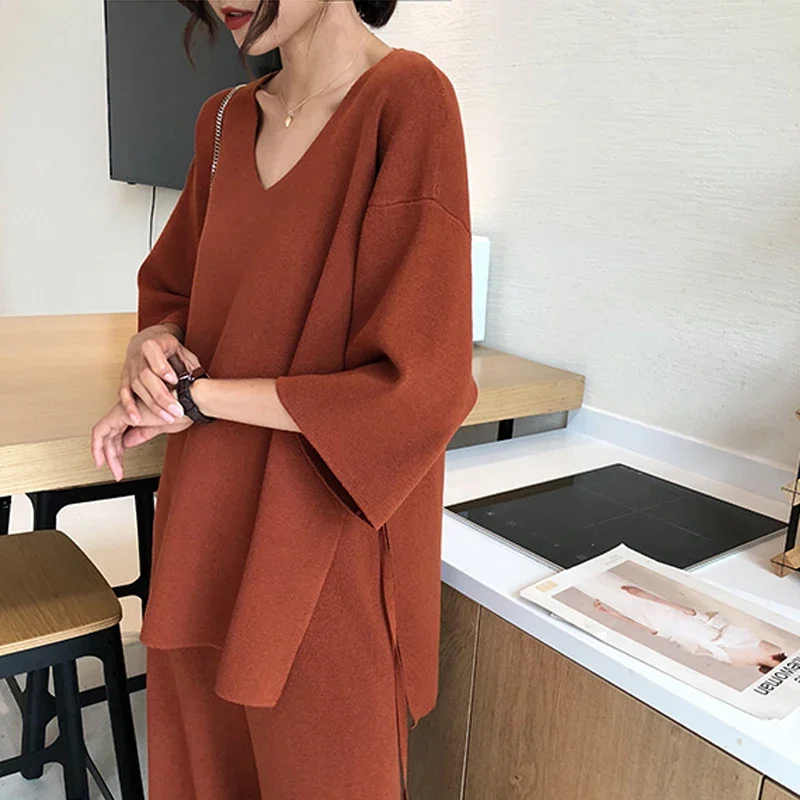 New Aseven Knitted Suits Female Easing of Autumn Fund Split Wide-legged Pants Twinset Sweater Big Yards