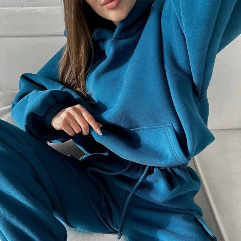 Women Tracksuit Hoodies Casual Solid Long Sleeve Fleece Warm Hooded Sportswear Suit Hoody Pullovers Long Pant Two Pieces Sets