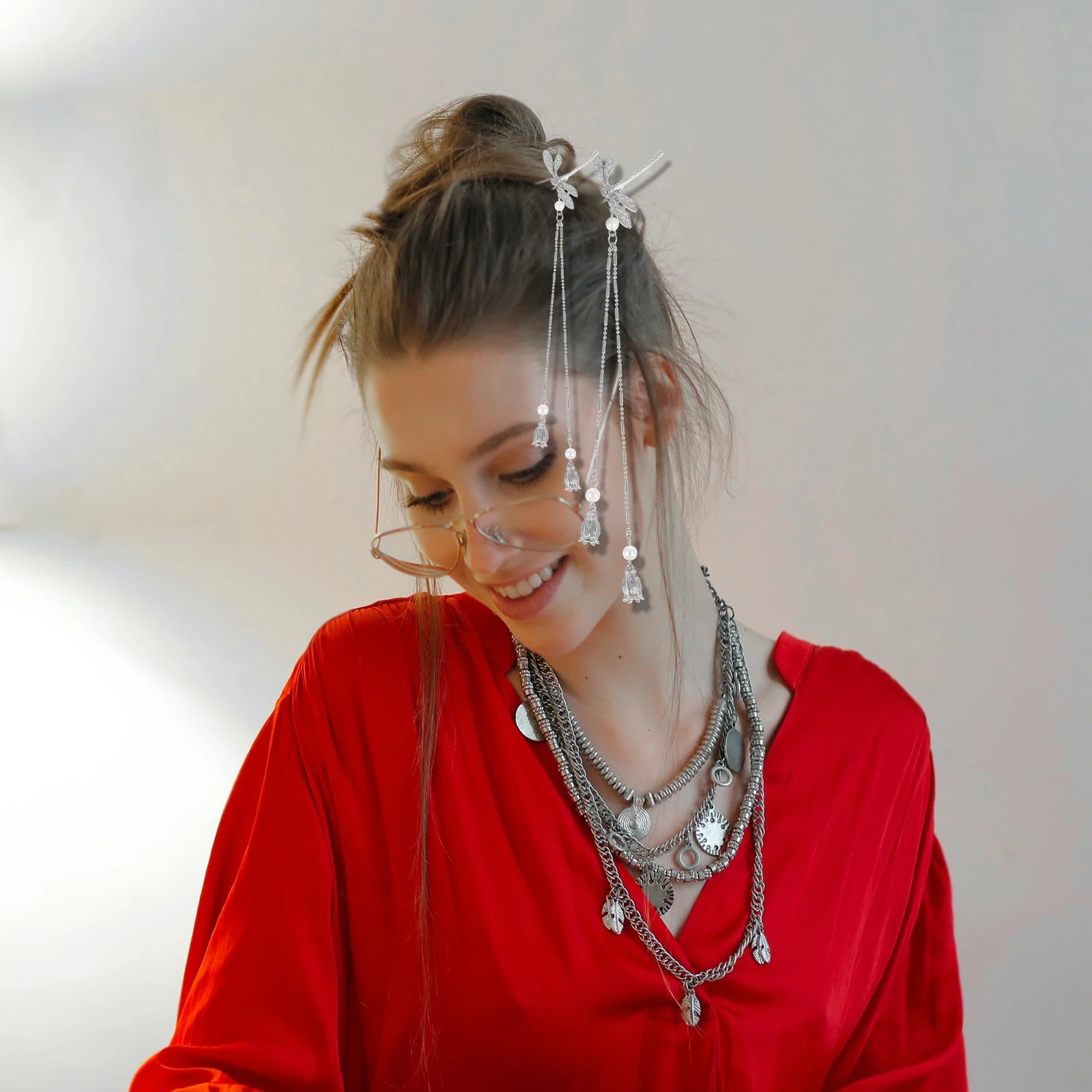 

2 Pcs Tassels Hair Hairpin Jewelry Dragonfly Chopstick Metal Decoration Sticks Clips Silver Women's