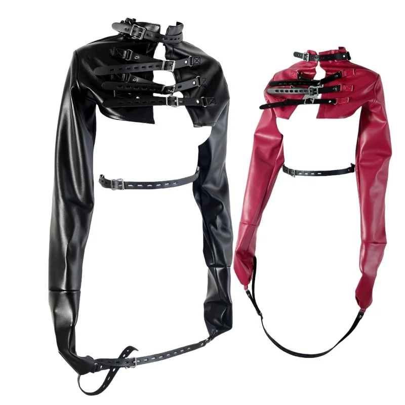 BDSM سترة جلدية الجسم الموثق مع قابل للتعديل مفتوحة الثدي الذراع ضبط النفس المثيرة زي للزوجين دور اللعب الجنس لعب