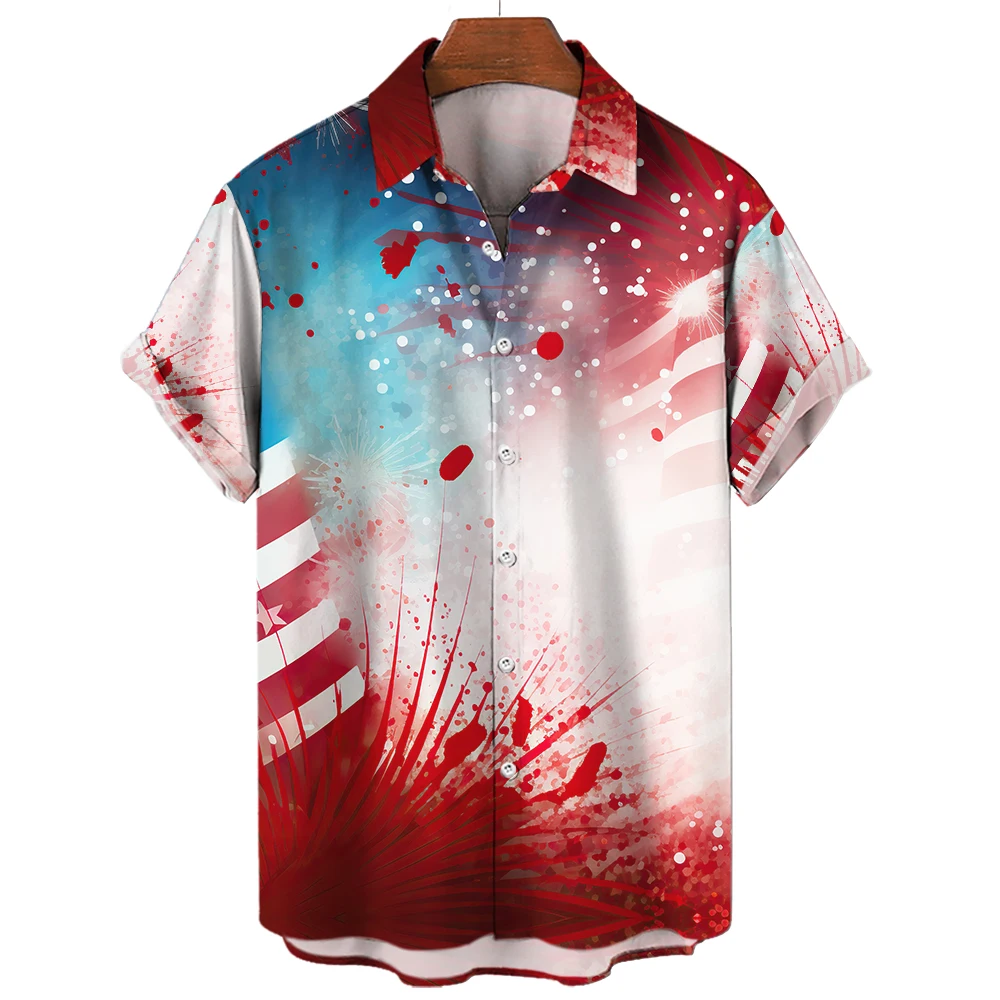 Camisa estampada com bandeira americana masculina, lapela, manga curta, tops da moda, roupas de rua, plus size, moda casual, 2023, novo