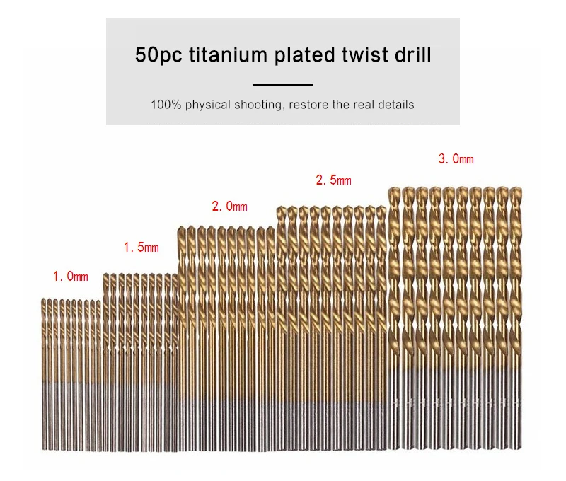 HSS Titanium Coated Drill Bits Set, High Speed, Steel, Power Tool for Woodworking, Plástico, Alumínio, 1mm, 1.5mm, 2mm, 2.5mm, 3mm, 50Pcs
