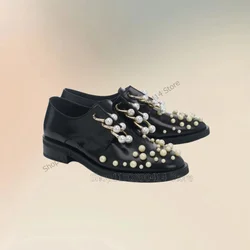 White Pearl Decor Black Matte Leather Men Shoes Fashion Slip On Male Shoes Luxury Handmade Party Banquet Office Men Dress Shoes