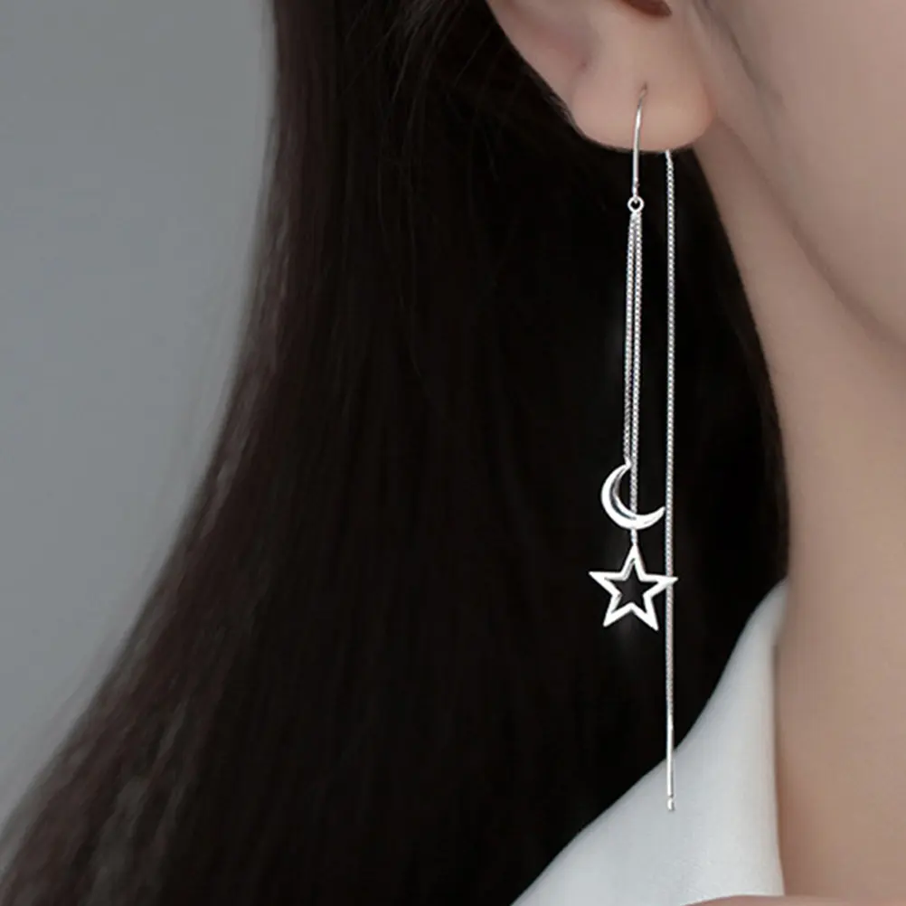 Star Moon Threader Earrings for Women – Lightweight Copper Dangle Ear Jewelry Gift