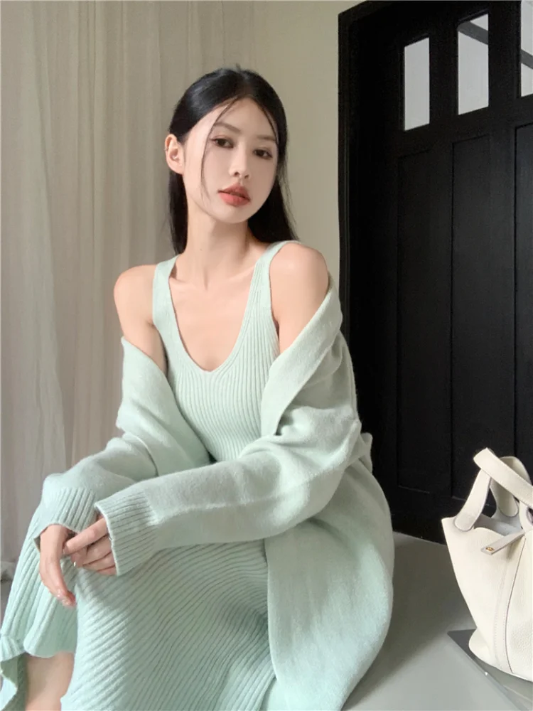 Fall/Winter Fashion Lazy Wind Vintage Two Piece Knitted Dress Sets Temperament Sweater Cardigan Jacket + Halter Dress Outfits