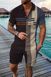 Conjunto de camiseta Polo de verano para hombre, chándal Hawaiano de 2 piezas, traje de negocios informal, moda Trun Down Collar, ropa con cremallera, atuendo Vintage