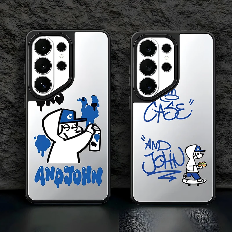 Cartoon Blue Graffiti Dog Pattern Mirror Surface Magnetic Phone Cover for Samsung Galaxy S23 S24 S25 S26 Ultra S26+ Plus Case