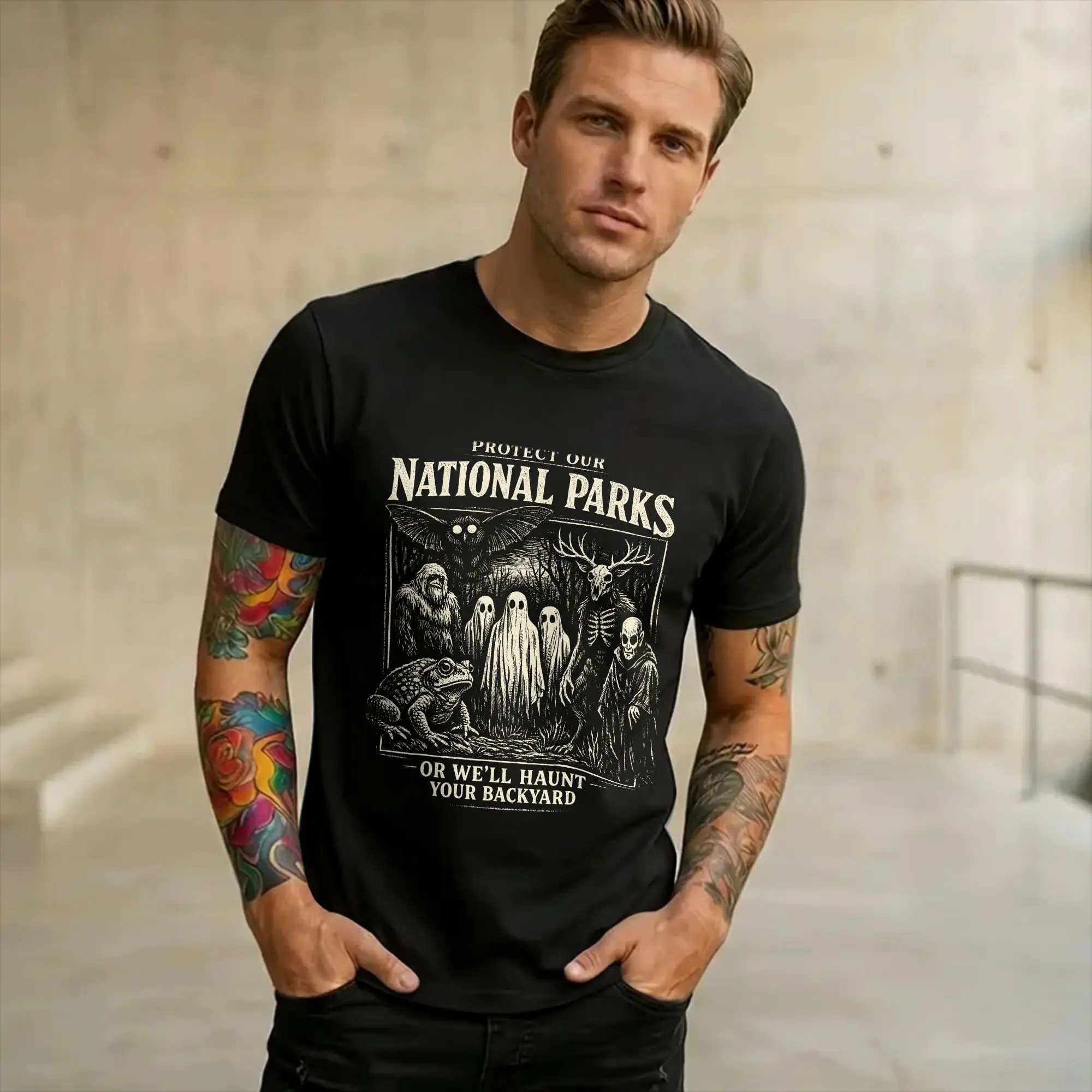 Men Women Printed Protect Our National Parks or We'll Haunt Your Backyard   Tee T Shirt Cotton  T-shirts Clothing