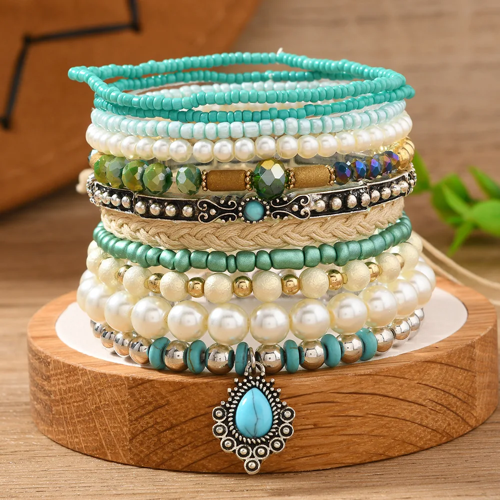 11Pcs Bohemian Green Turquoise Pendant Pearl Bracelet Set  Handmade Rice Beads Bangle Jewelry Accessory