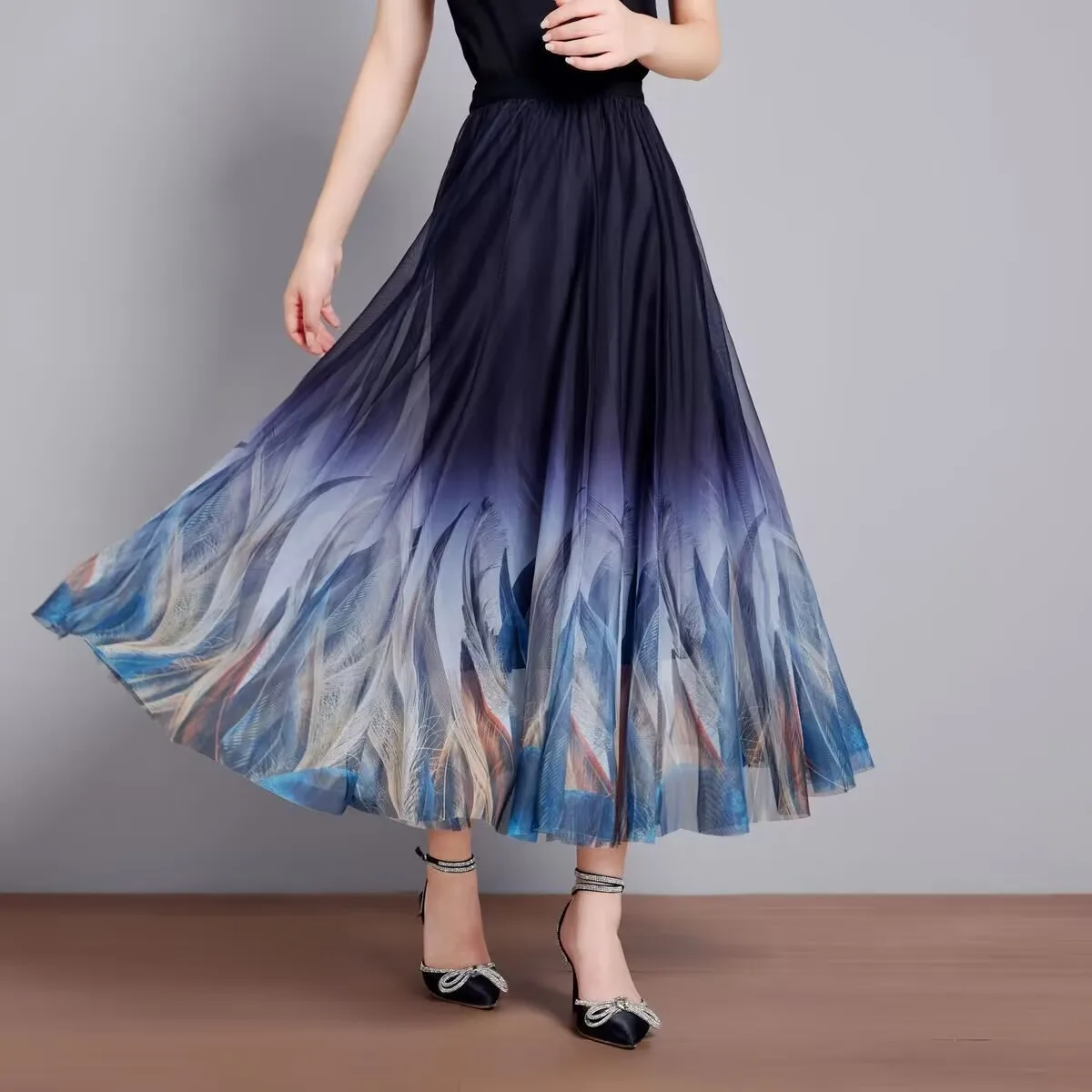 Spring Summer Women Elastic Waist Chiffon Long Skirt Female Beach Big Hem Skirts A Line Dancing Skirt