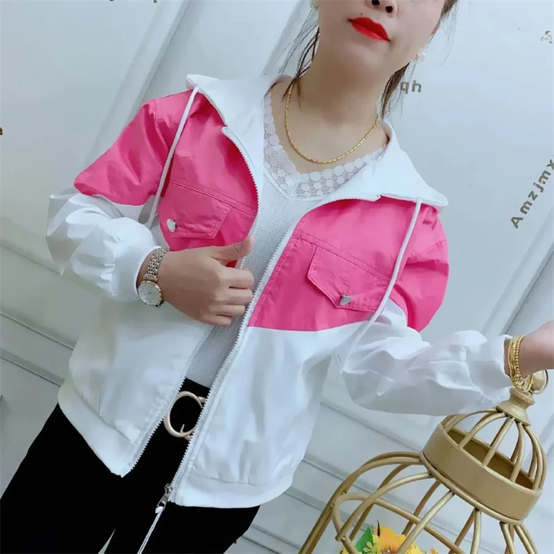 

Fashion Korean Version Of Sports And Leisure Hooded Women Jacket Spring And Autumn New Contrast Stitching Short Coat