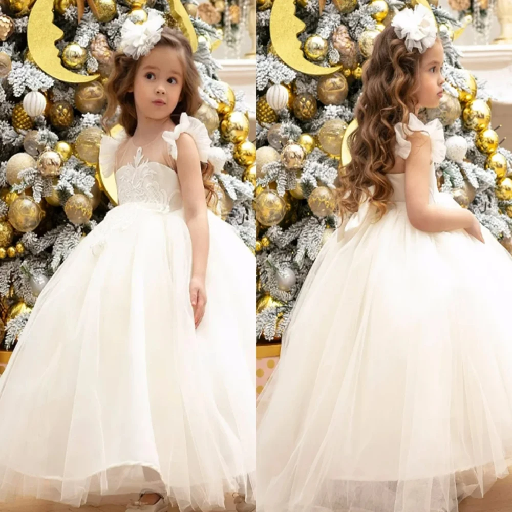 Elegante vestido da menina de flor branco sem mangas fofo tule renda princesa bola beleza pageant primeira comunhão crianças vestidos aniversário