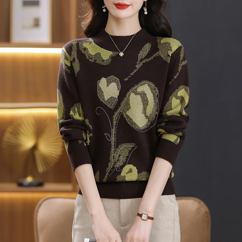 New Knit Winter Clothes Woman Vintage Printed Knitwear Tops Pullovers Women's Turtleneck Sweater Spring Autumn Jumper Female