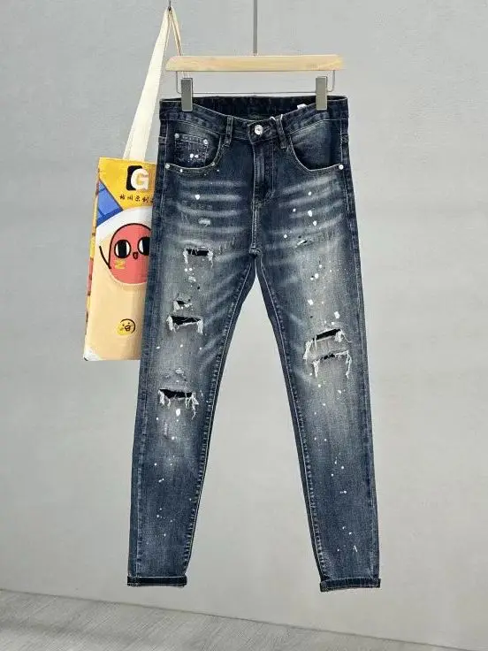 

Men's Summer Faionable Denim Jeans Hole Punching Casual Slim Fit Elastic Retro American Sle Long Pants High Stretch Cotton
