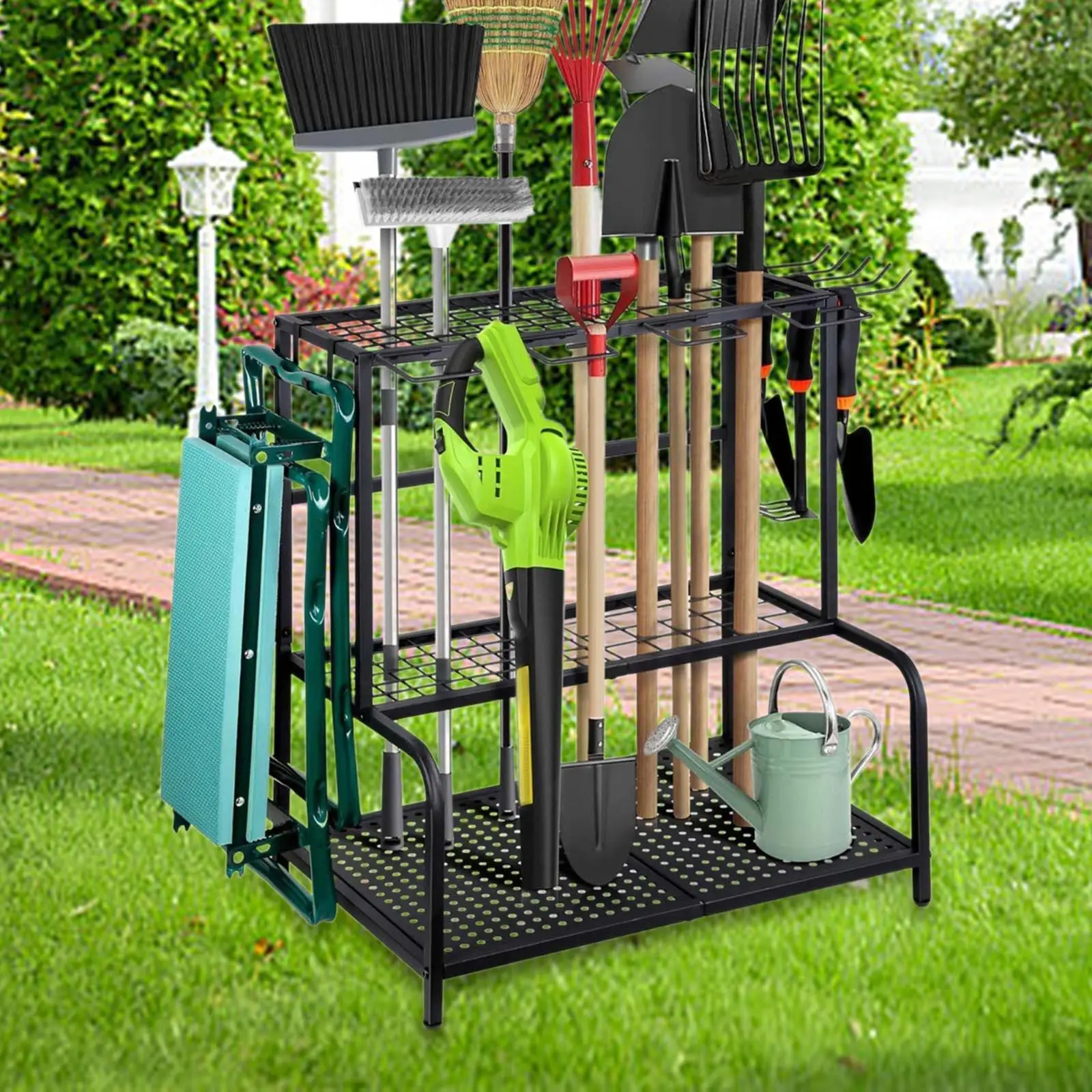 

Garden Tool Organizer Yard Tool Holder Utility Shelf Carbon Steel with Wheels
