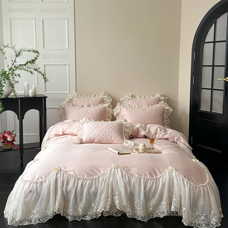 Pink Egyptian Cotton Princess Bedding Sets Luxury Chiffon Lace Embroidery Ruffles Duvet Cover Bed Sheet Pillowcases
