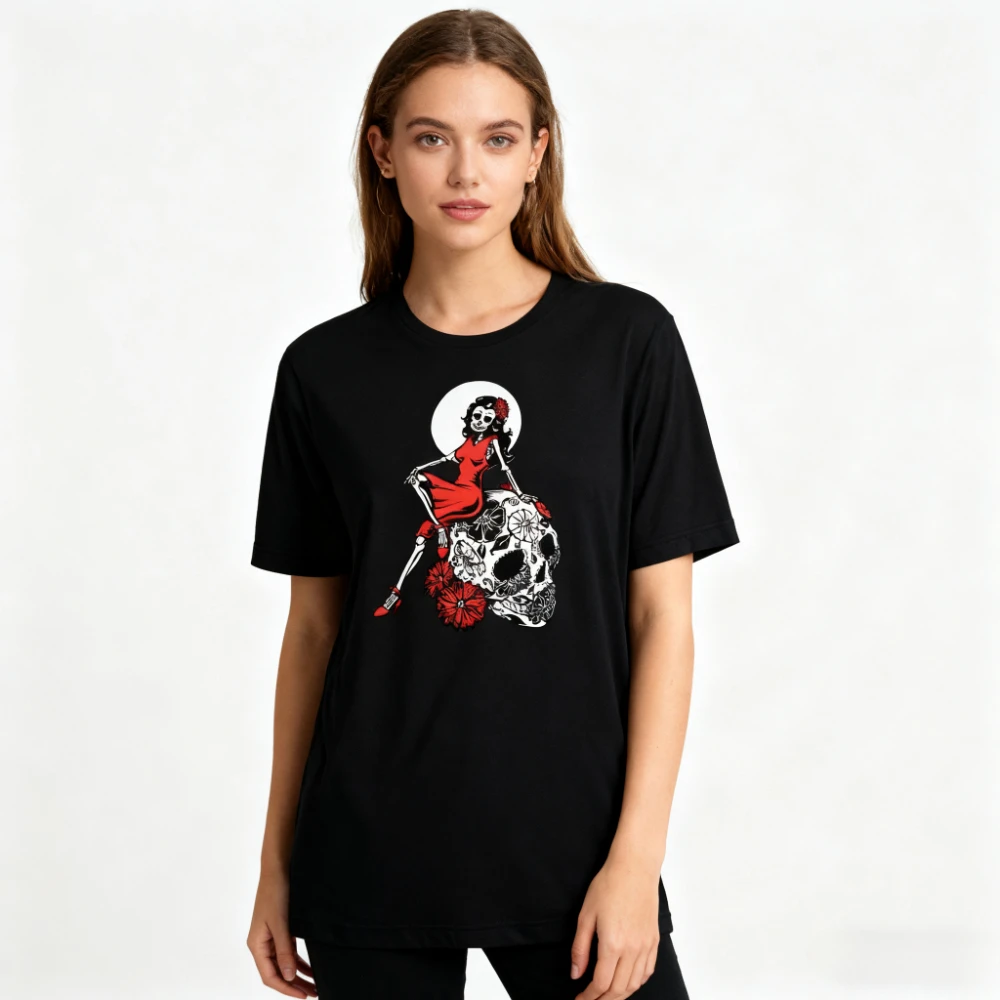 

Diva De Los Muertos Unisex T-shirt The Skeleton Wearing A Red Dress Graphic Printed Tshirt Day of The Dead Women Fashion Tee Top