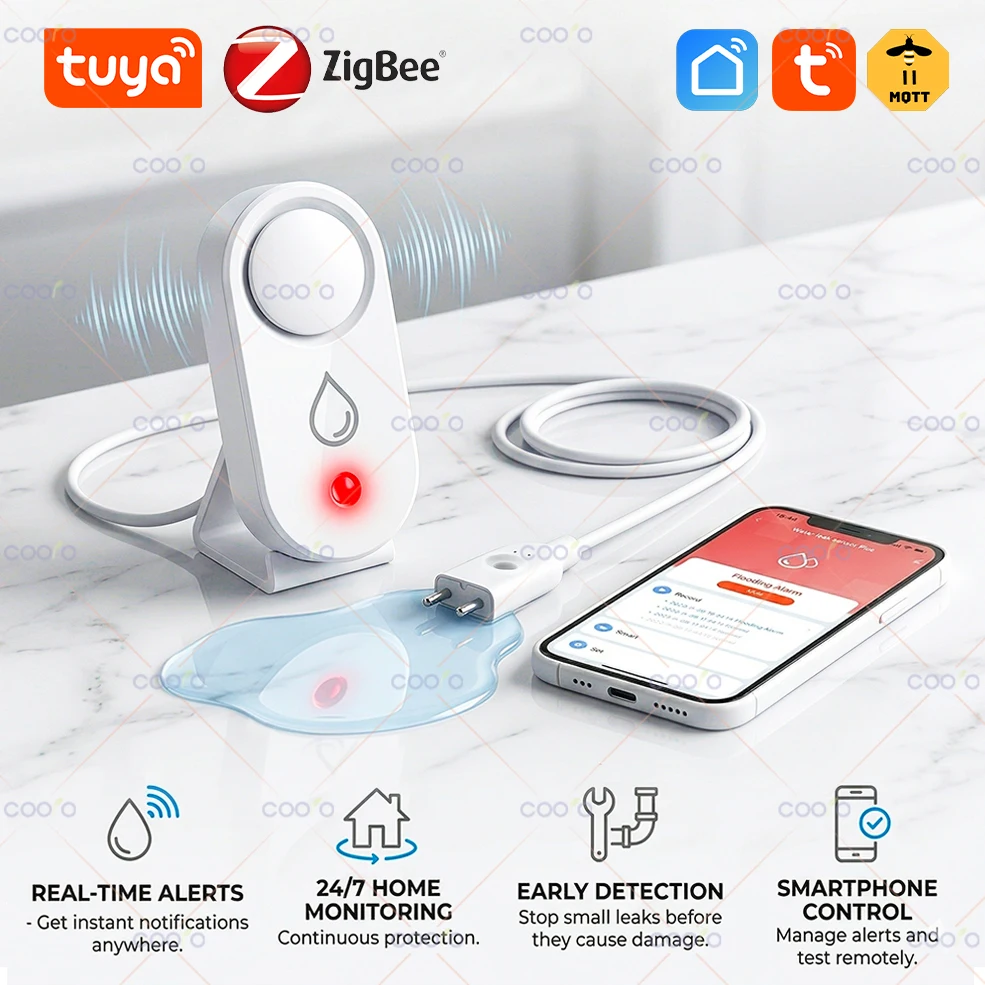 

Датчик протечки воды Tuya Zigbee с сиреной 110 дБ, датчик затопления с зондом для кухни/ванной комнаты, поддержка Smart Life Z2M