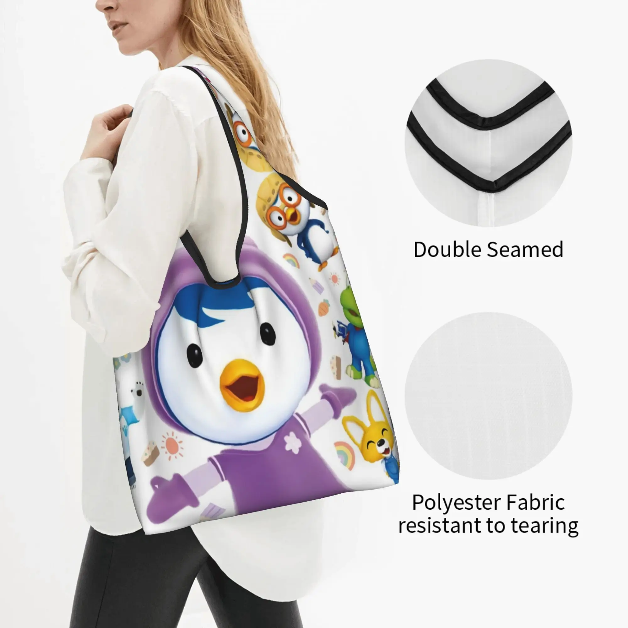 Pororo The Little Penguin  Groceries Tote Shopping Bags  Kawaii Korean 3D Anima TV Shoulder Shopper Bags Big Capacity Handbag