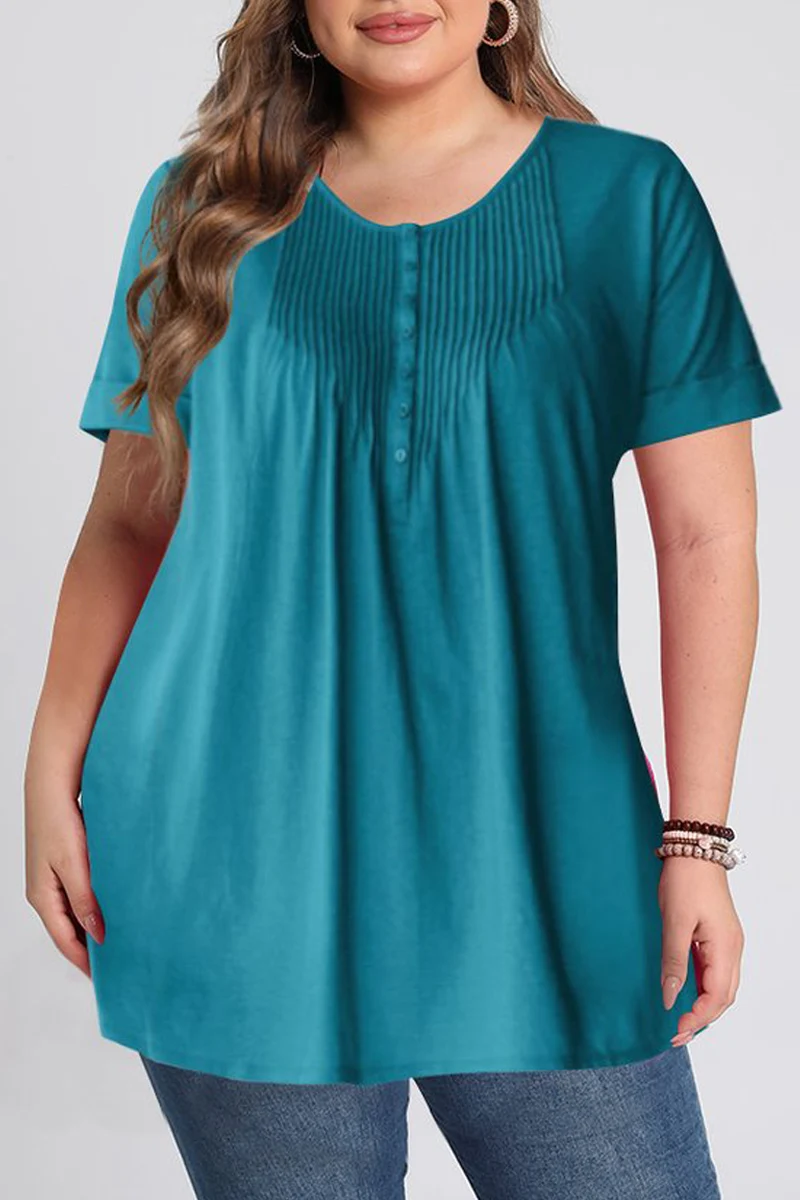 Women\'s Blouse Plus Size Casual Peacock Blue Pleated Single Breasted Short Sleeve Summer A-Line Loose O-Neck Top Ruched Blouse