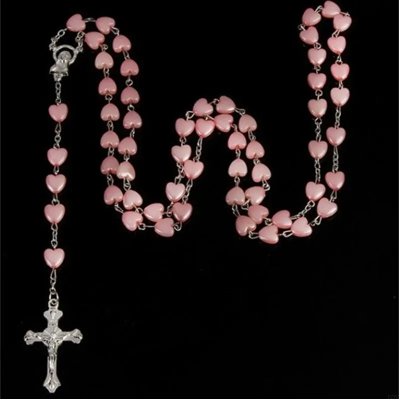 127C Catholic Rosary Necklaces Pink Heart-shaped Beads Long Chain for Women