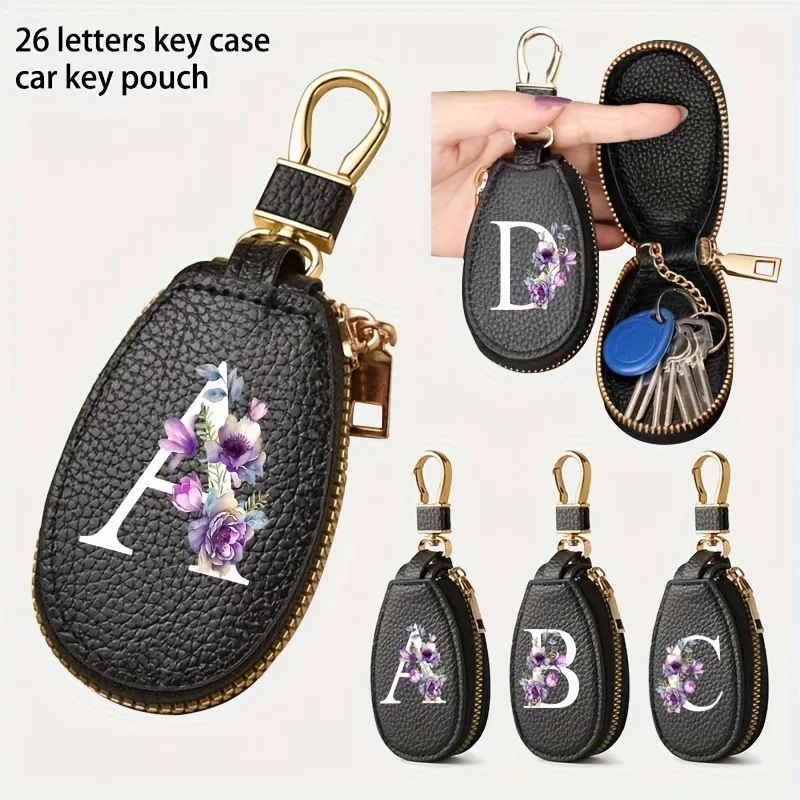 Universal Protective Cover for White Letter A-Z Lychee Pattern Keys, PU Leather Keychain Wallet, Zipper Bag, Car Key Storage Bag