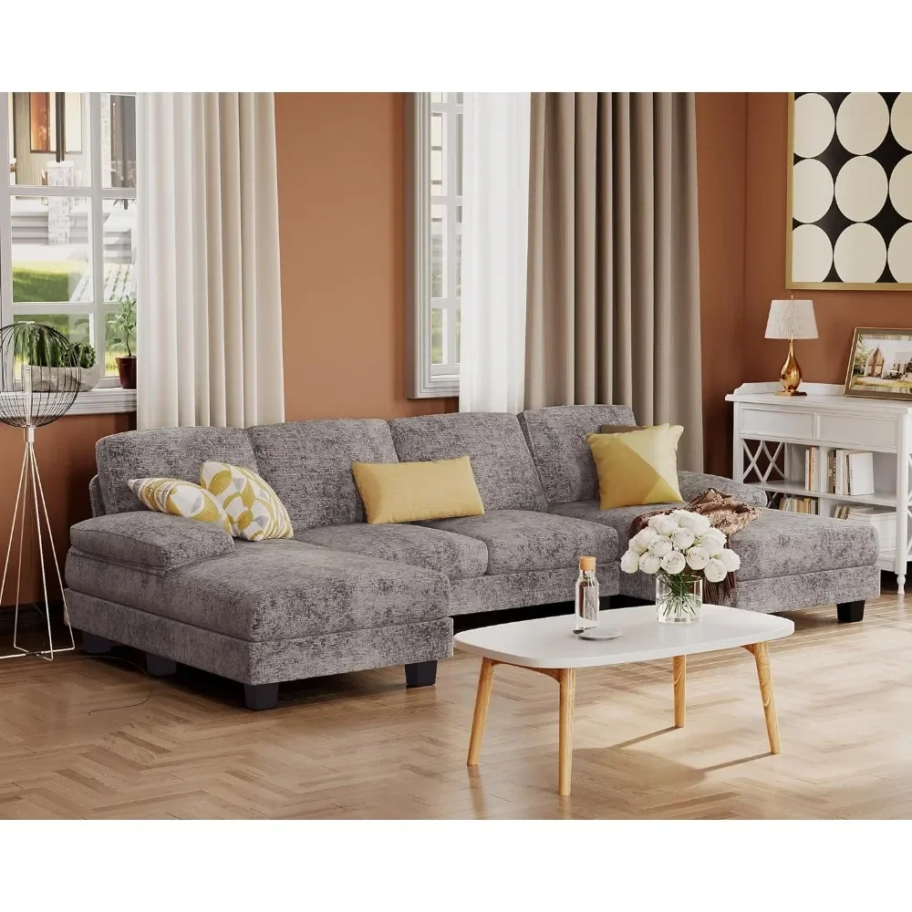 Sectional Couches for Living Room, U-Shaped Sofa Couch with Linen Fabric, 4 Seat Sofa Set with Double Chaise for Apartment