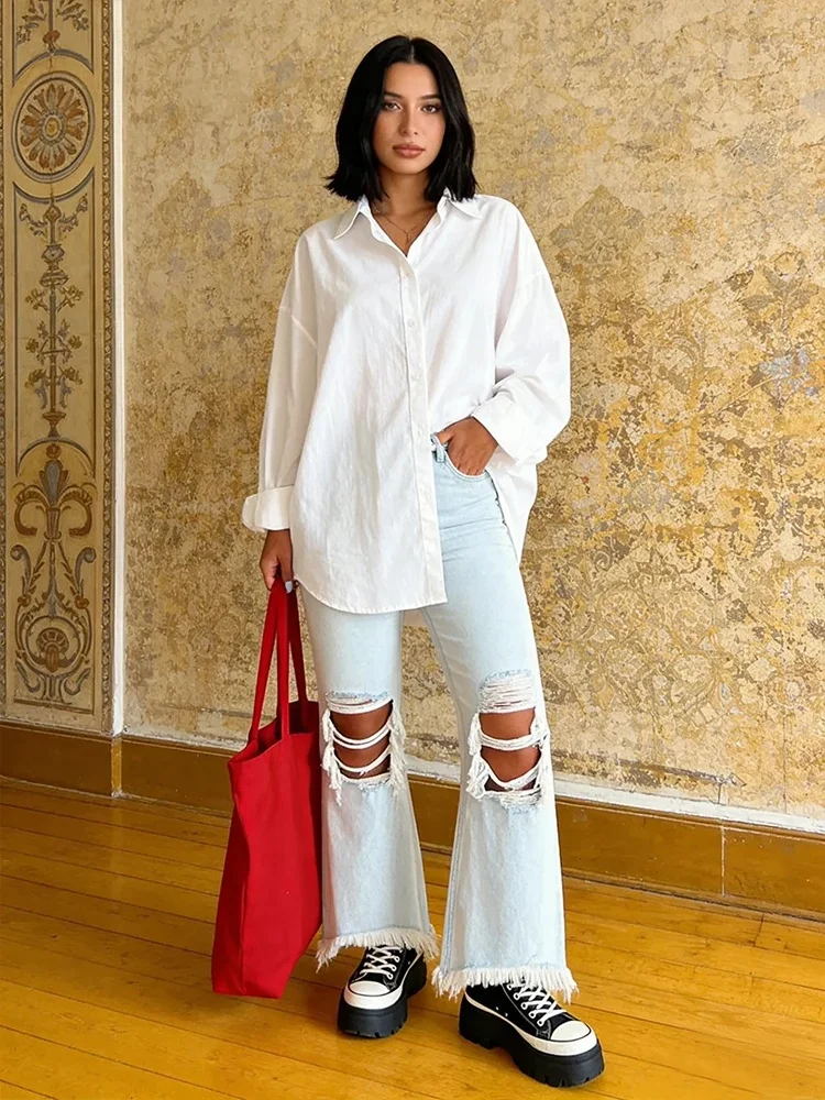 Pocket Ripped Long Pants Blue Loose Women's Jeans High Street Fashion Daily Office Autumn Straight Leg Pants