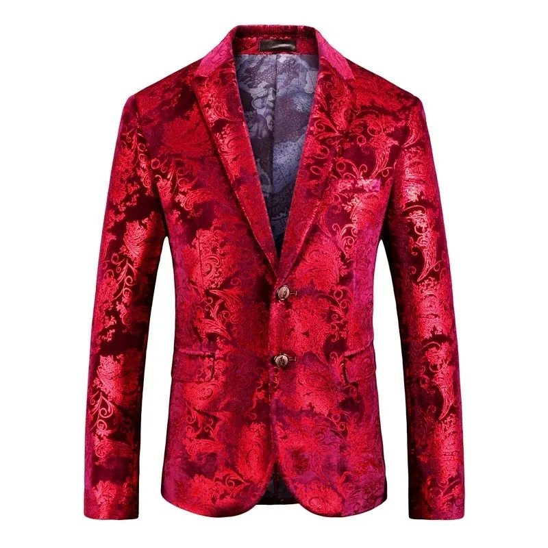 Men's Burgundy Blazer with Gold Foil Embossing Ideal for Parties Weddings and Dances Asian Sizing Red Jacquard Fabric Slim Fit