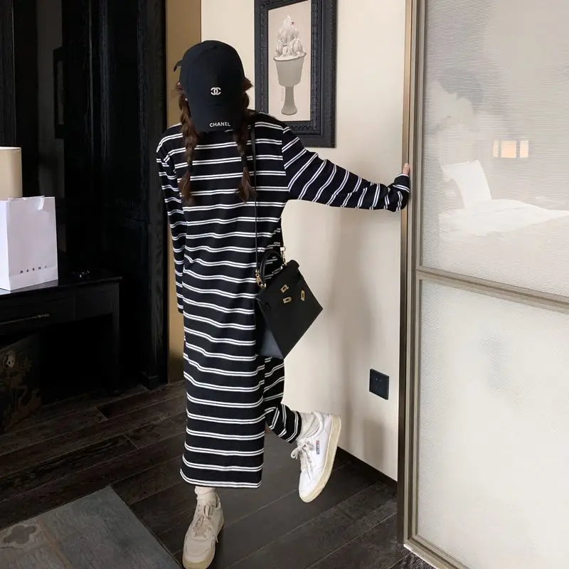 ชุดเดรสเชิ้ตยาวลายทางสำหรับผู้หญิงชุดเดรสผ้าเดนิมสองชิ้นเสื้อโค้ทลำลองสำหรับฤดูใบไม้ร่วงใบไม้ผลิ