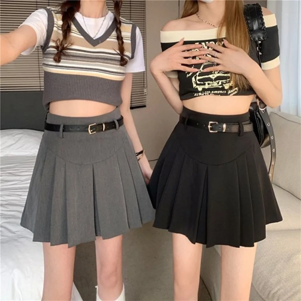 

High Waisted Pleated Skirt Skirt with Shorts Underneath Side Rope A-line Short Skirt Slimming JK Uniform Skater Skirt