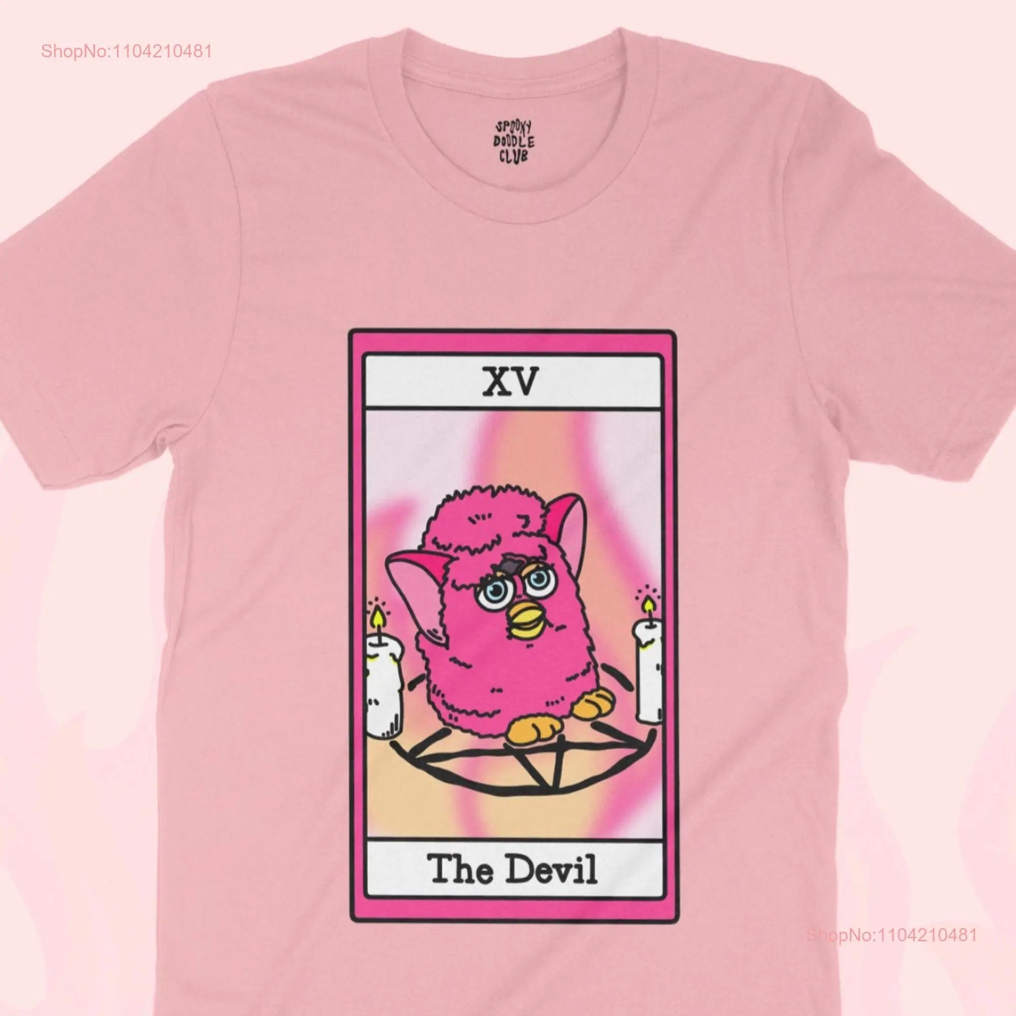 DEVIL FURBY TEE Cursed Tarot Card T Shirt Pink Halloween Toycore Unique Funny Creepy Cute Horror Toy