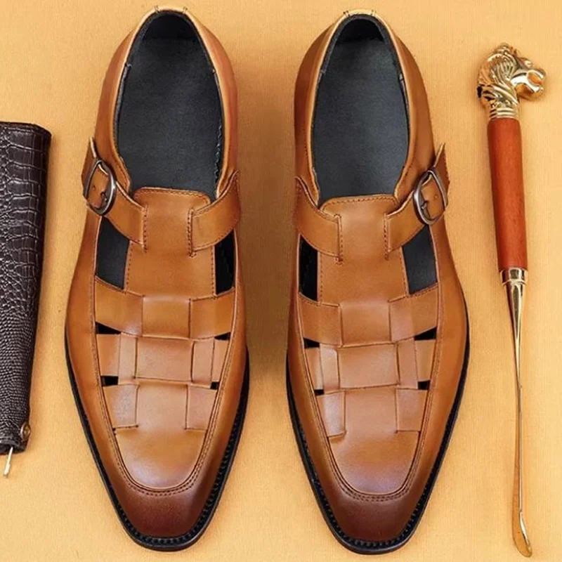 High-end Pure Cowhide Woven Breathable Men's Sandals With Buckle Cozy Hollow-out Business Casual Leather Shoes Closed-toe Sandal