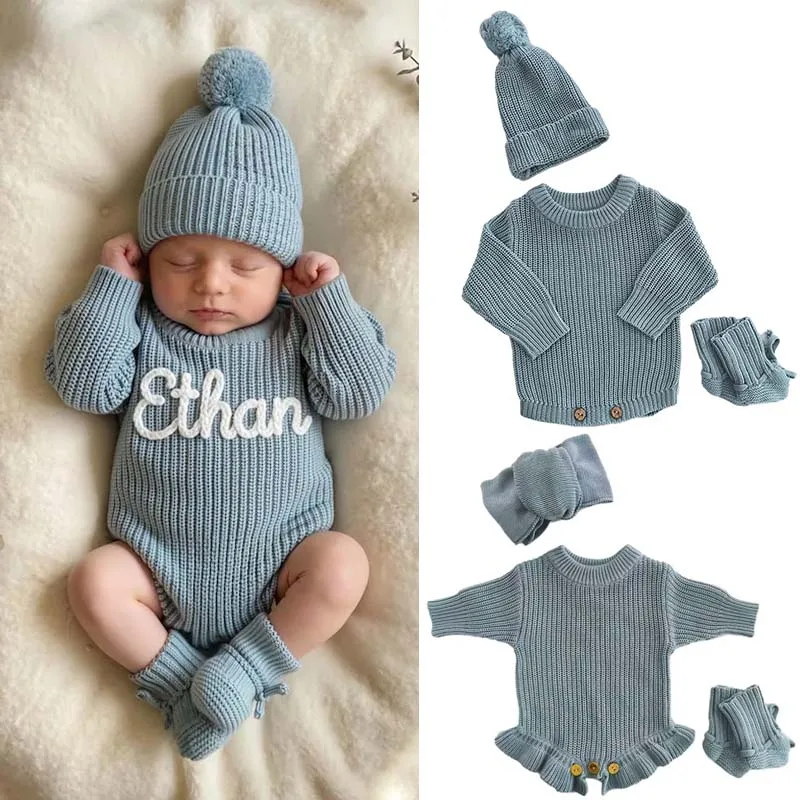Blue Newborn Baby Romper Hat Socks Set 3pcs Personalized Custom Name Clothes Cotton Autumn Bodysuit Infant Shower Gifts