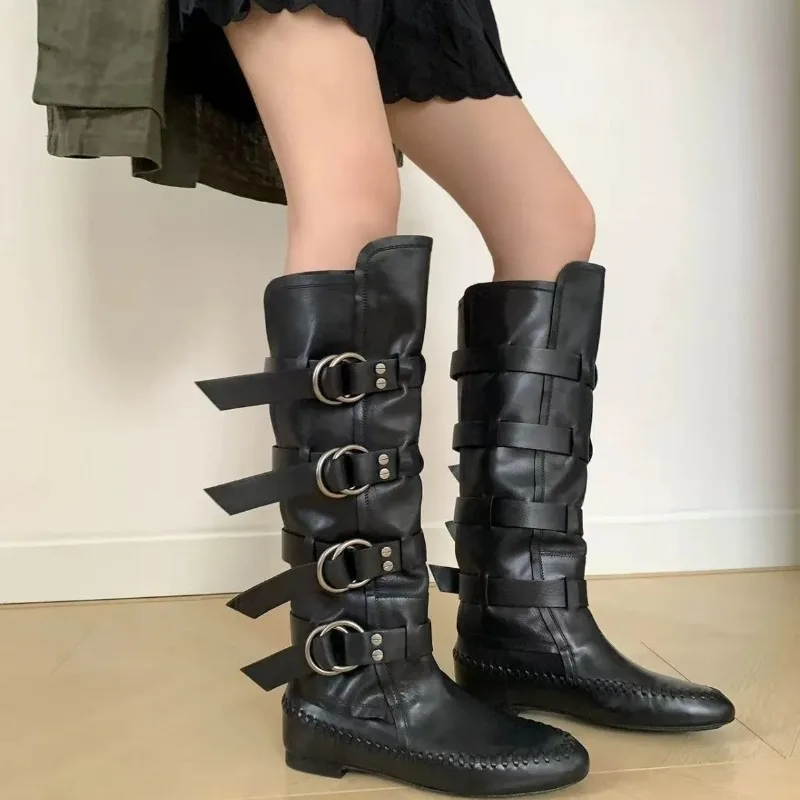 Round Toe Genuine Leather Punk Long Boots for Ladies Sewing Craft Belt Buckle Decoration Fashion Modern Outdoor Matching Shoes